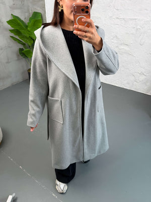 Gri Kapşonlu Kaşe Kaban 2610-Gri