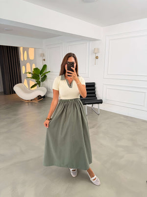 Haki V Yaka Kemerli Maxi Kısa Kollu Elbise EY2020-Haki