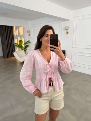 Pembe Ön Bağlamalı Keten Bluz 1074-Pembe