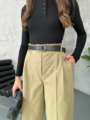 Haki Zımba Kemerli Dikiş Detaylı Pantolon 51208-Haki