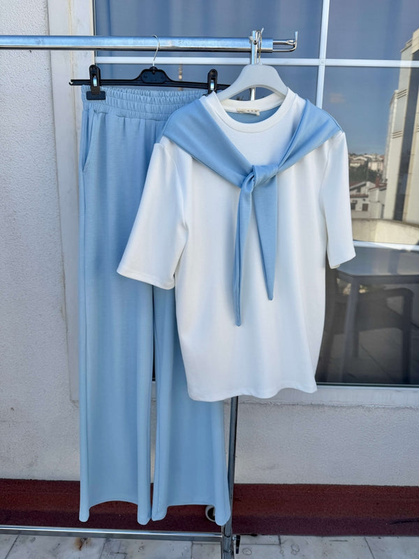 Mavi Fular Detaylı Pantolon Takım 4116-Mavi