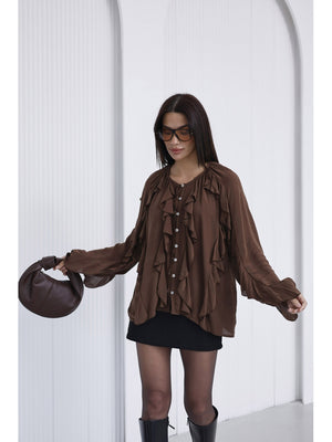 Kahve Katlı Volanlı Bluz 5025-Kahve