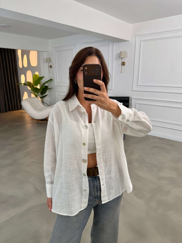 Beyaz Düğme Detaylı Keten Gömlek 580384-Beyaz