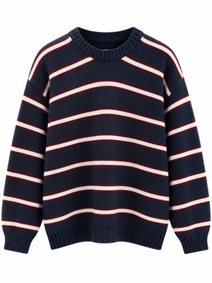 Lacivert Üç Çizgili Oversize Kazak 2754-Lacivert