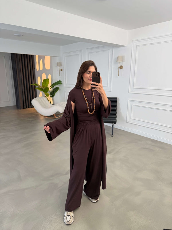 Kahve Üçlü Likralı Modal Takım 4137-Kahve