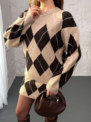 Vizon Baklava Desen Etek Kazak Takım 2575-Vizon