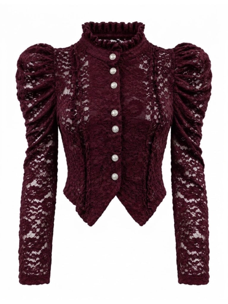 Bordo Düğmeli Kadife Dantelli Bluz 1010-Bordo
