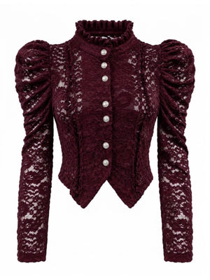 Bordo Düğmeli Kadife Dantelli Bluz 1010-Bordo