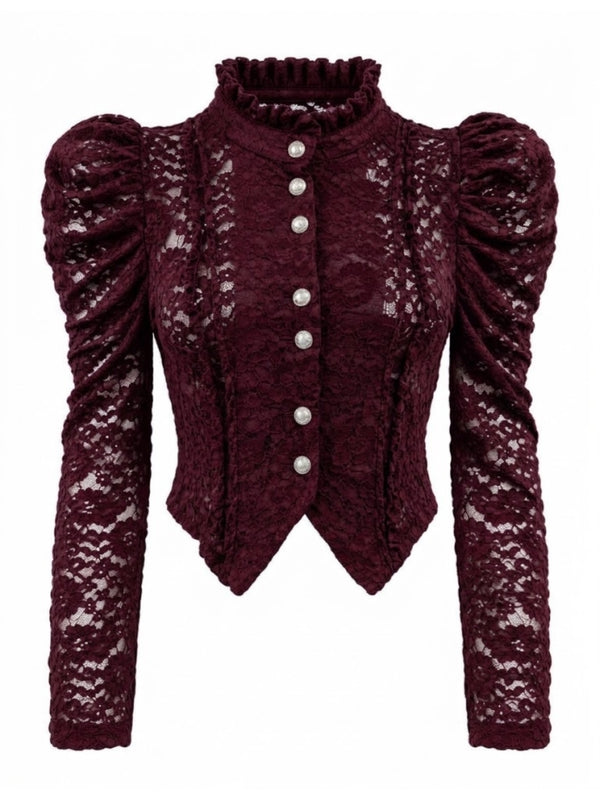 Bordo Düğmeli Kadife Dantelli Bluz 1010-Bordo