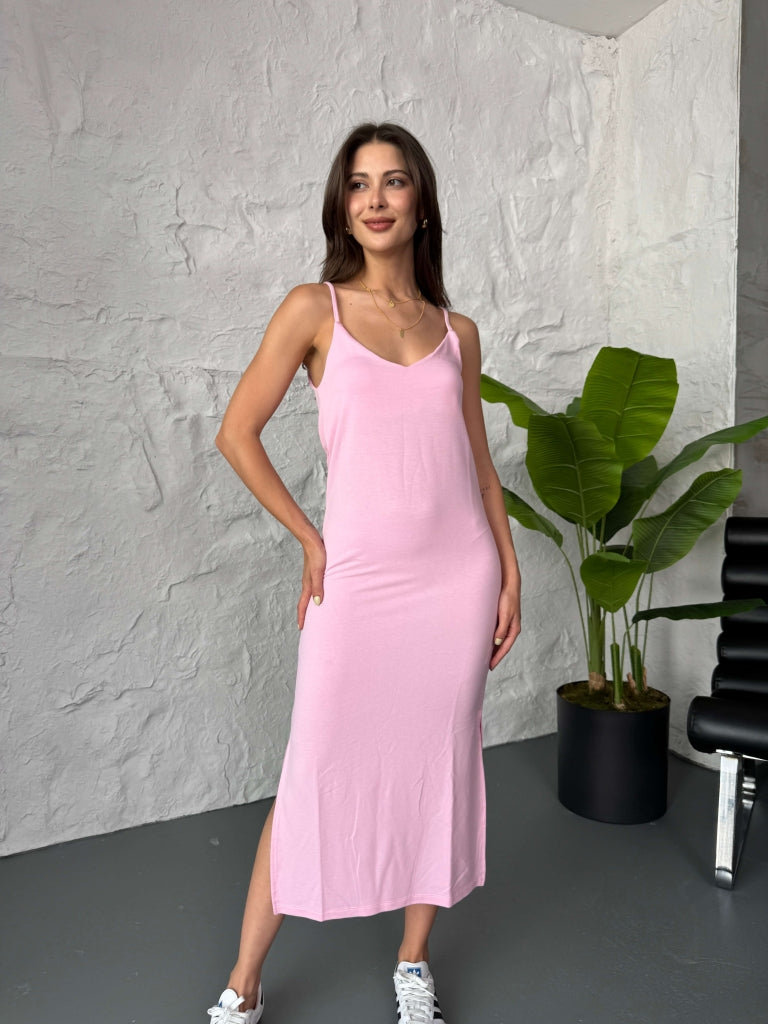 Pembe İp Askılı Yırtmaçlı Modal Basic Elbise