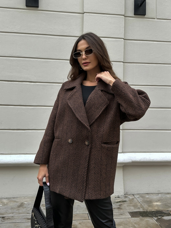 Acı Kahve Balık Sırtı Oversize Astarlı Kısa Kaban 9252-ACI KAHVE