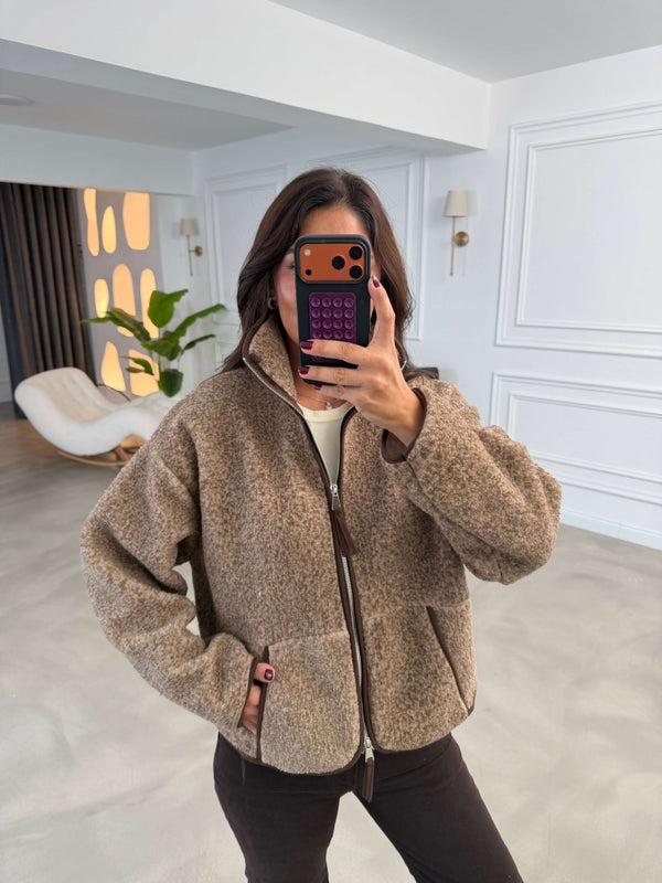 Kahverengi Ön Fermuarlı Peluş Sweat 22889-Kahverengi