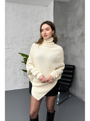 Ekru Boğazlı Triko Panço 2574-Ekru