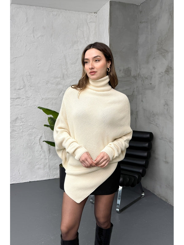 Ekru Boğazlı Triko Panço 2574-Ekru