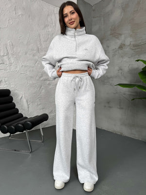 Gri Yarım Fermuarlı Şardonlu Sweat Takım