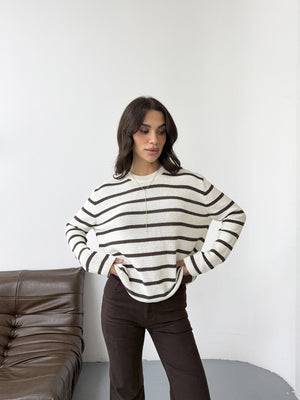 Ekru Kahve Çizgili Triko Kazak 261032-Ekru