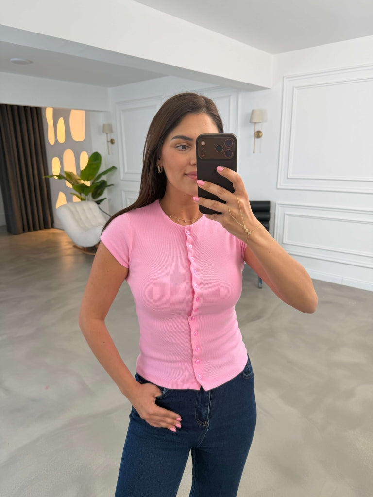 Pembe Fitilli Likralı Bluz 10905-Pembe