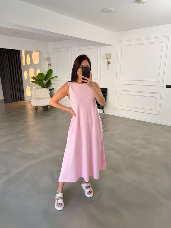 Pembe Bisiklet Yaka Maxi Modal Elbise 4142-Pembe