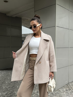 Camel Balık Sırtı Oversize Astarlı Kısa Kaban