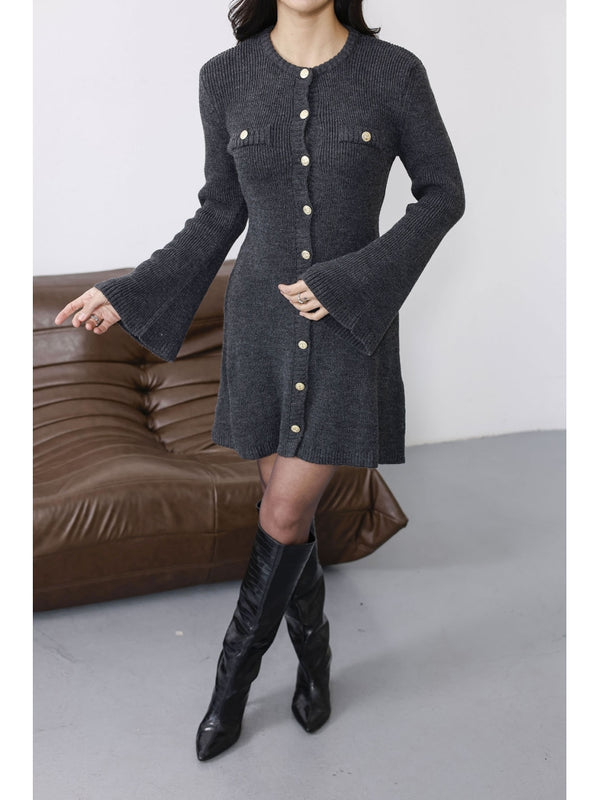 Antrasit Uzun Kol Gold Düğmeli Triko Elbise 0159-Antrasit