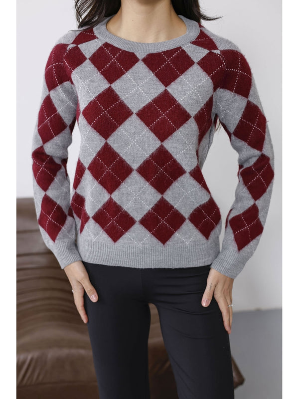 Bordo Baklava Desen Yumuşak Kazak 2319-Bordo