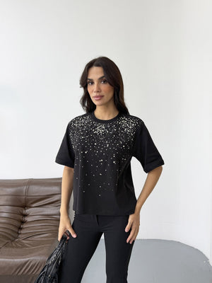 Siyah Yakası Taş İşlemeli Tshirt 8202-Siyah