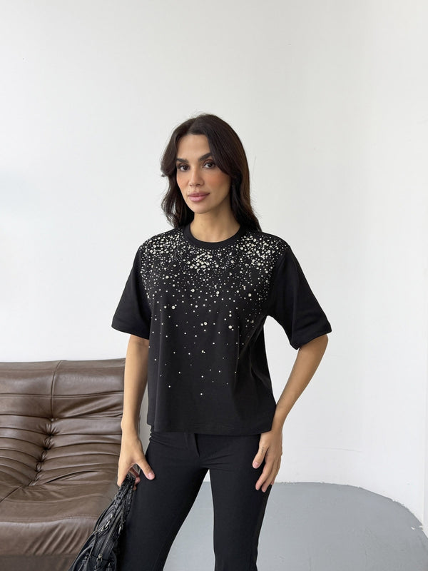 Siyah Yakası Taş İşlemeli Tshirt 8202-Siyah
