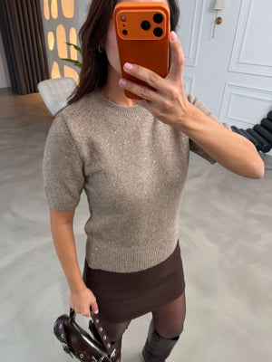 Vizon Kısa Kollu Pullu Triko Bluz 2944-Vizon