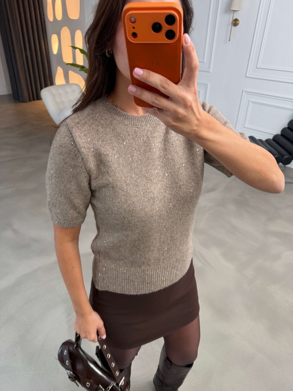 Vizon Kısa Kollu Pullu Triko Bluz 2944-Vizon