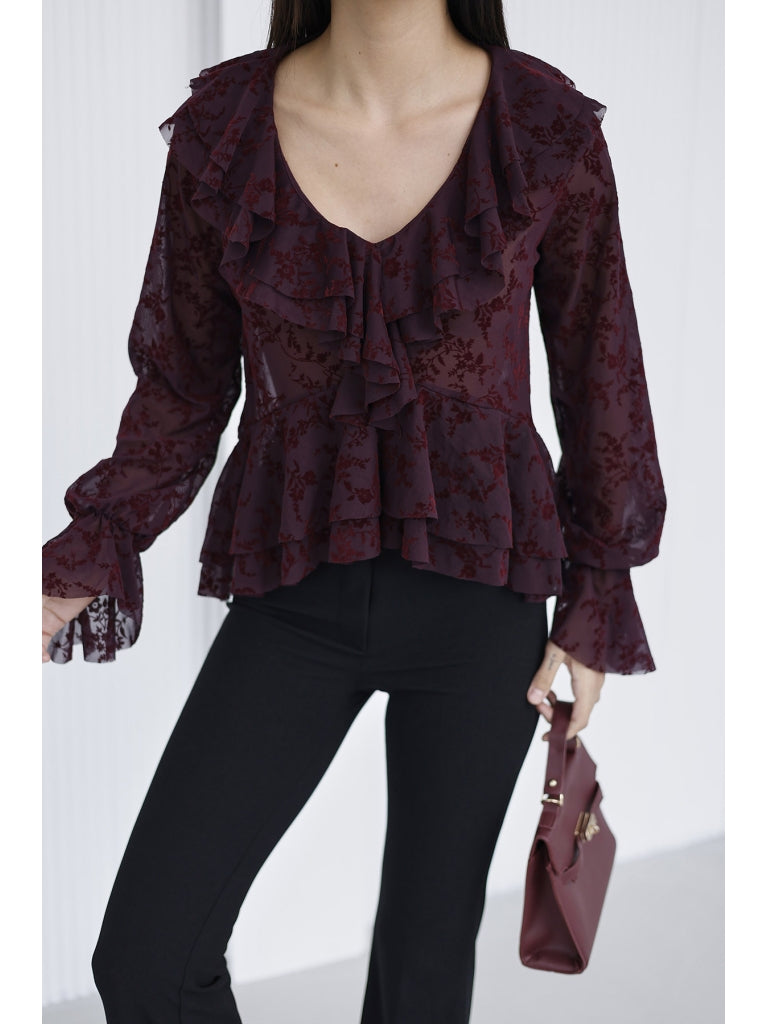 Mürdüm Çiçekli Fırfırlı Tül Bluz 1110-Mürdüm