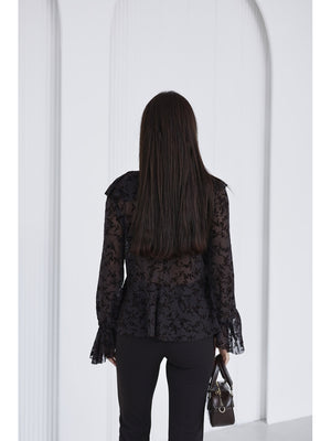 Kahverengi Çiçekli Fırfırlı Tül Bluz 1110-Kahverengi