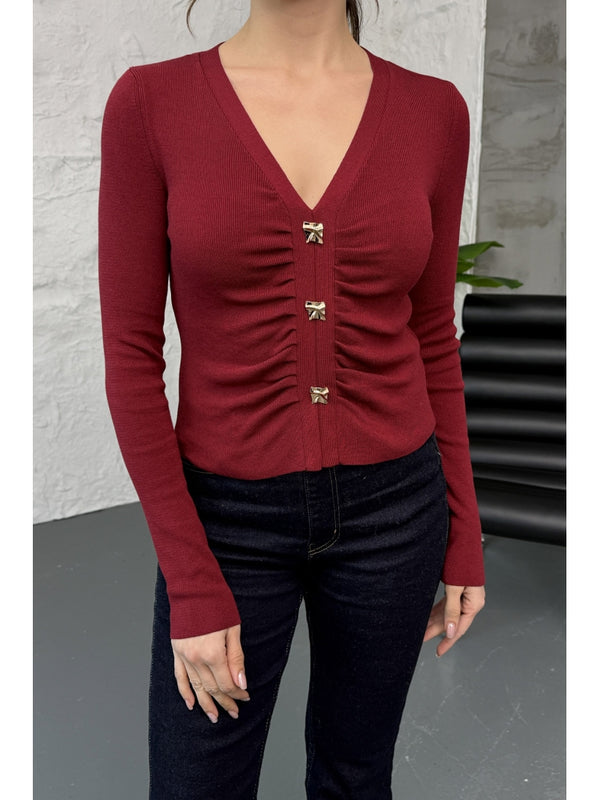 Dilvin  Bordo V Yaka Düğmeli Triko Kazak 10805-Bordo