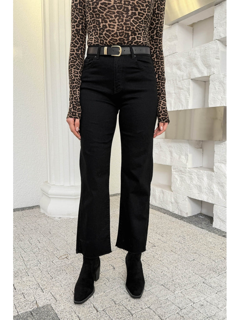 Siyah Kesik Paça Kermerli Jean AK102-Siyah