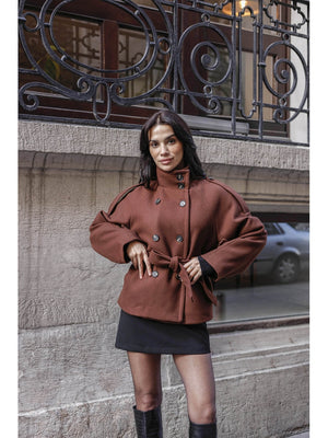 Kahve Dik Yaka Kısa Kaşe Kaban 70119-KAHVE