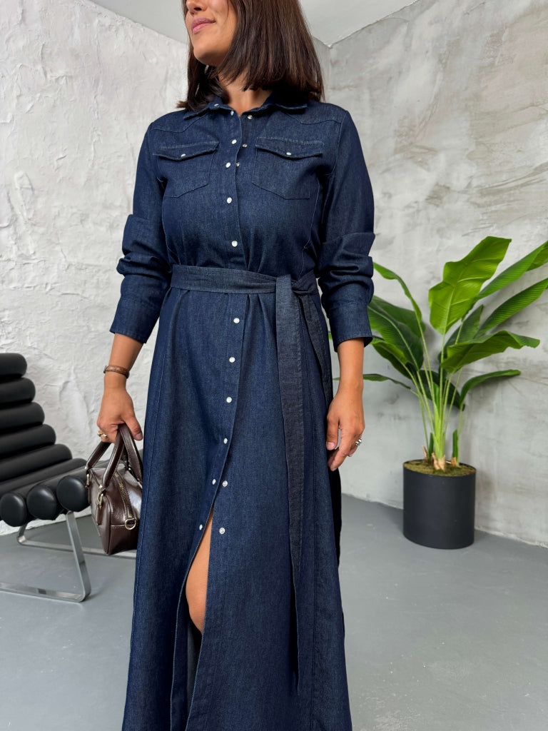 Lacivert Boydan Çıtçıtlı Kuşaklı Denim Elbise