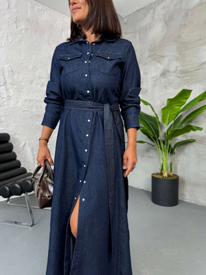 Lacivert Boydan Çıtçıtlı Kuşaklı Denim Elbise