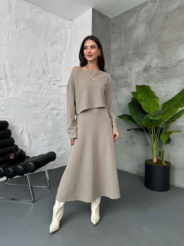 Vizon Bluzlu Elbise İkili Takım 7634-Vizon