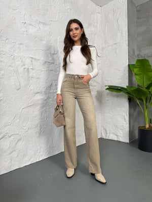 Bej Straight Kesik Paça Jean 21145-Bej