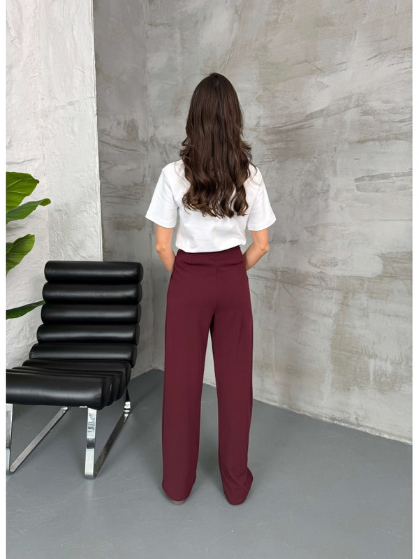 Bordo Çift Pileli Kemerli Pantolon