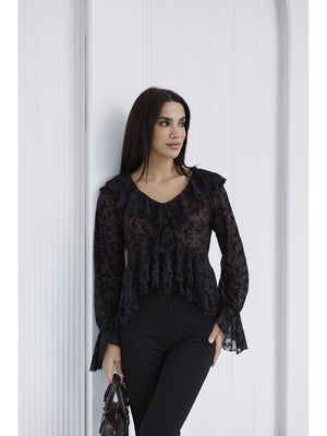 Kahverengi Çiçekli Fırfırlı Tül Bluz 1110-Kahverengi