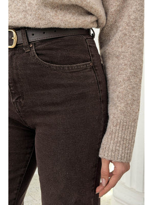 Kahverengi Yüksek Bel Straight Paça Kemerli Jean 700-Kahverengi