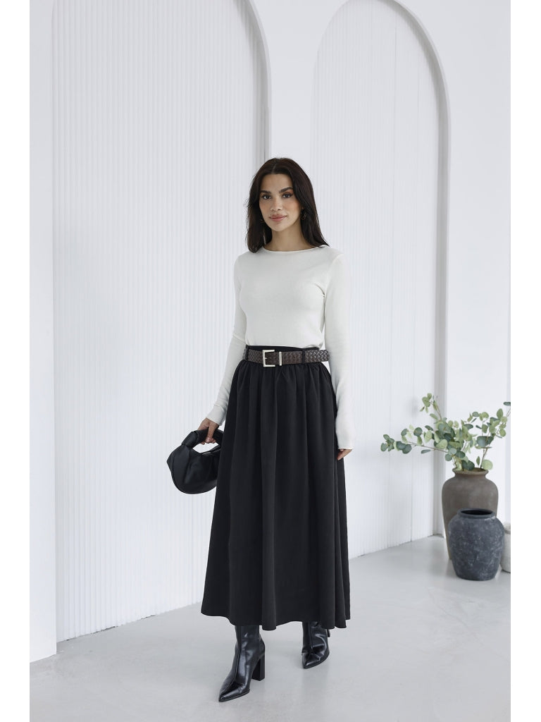 Siyah Deri Kemerli Pileli Etek 0727-SİYAH