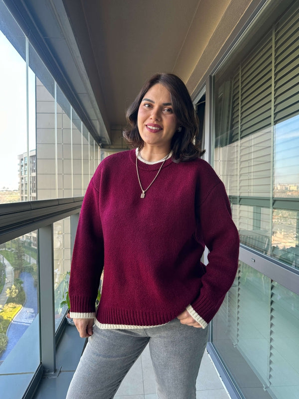 Bordo Çizgi Detaylı Oversize Kazak