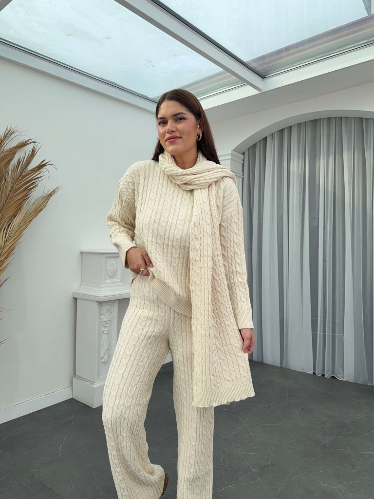 Ekru Saç Örgülü Atkılı Takım 2493-Ekru