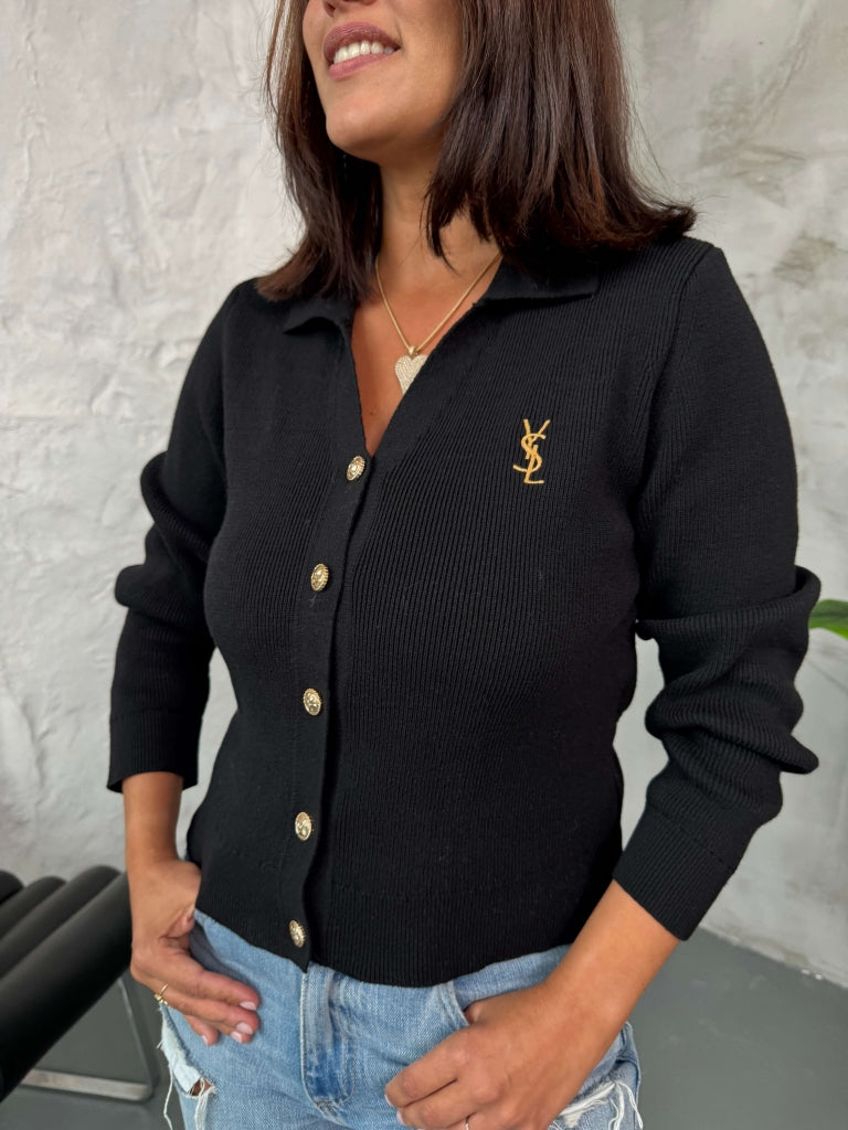 Siyah Gold Düğmeli Polo Yaka Hırka