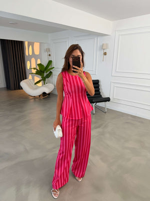 Pembe Çizgili Sıfır Kol Takım 4174-Pembe