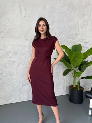 Bordo Önden Kuşak Detaylı Modal Elbise