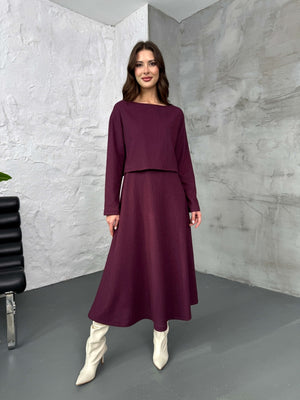 Mürdüm Bluzlu Elbise İkili Takım 7634-Mürdüm