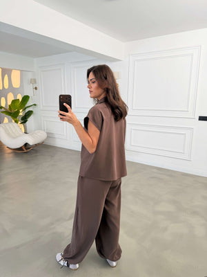 Kahverengi Çıtçıtlı Tensel Şalvar Takım 4160-Kahverengi