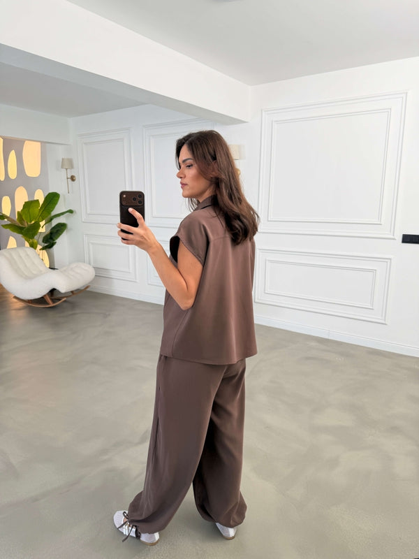 Kahverengi Çıtçıtlı Tensel Şalvar Takım 4160-Kahverengi